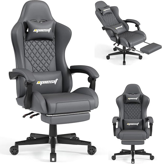 Gaming Chair,Ergonomic Computer Chairs for Adults with Footrest, PU Leather Office Chair with Adjustable Lumbar Support & Pocket Spring Cushion - Heavy Duty 400lb Capacity Gamer Chair (Grey)-DeskLoop Office