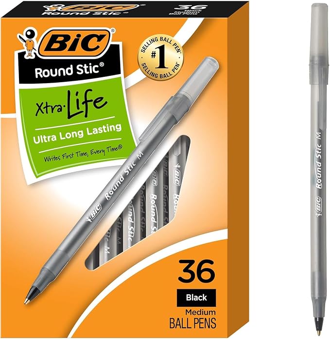 BIC Round Stic Xtra Life Black Ballpoint Pens, Medium Point, 36-Count Pack of by BIC