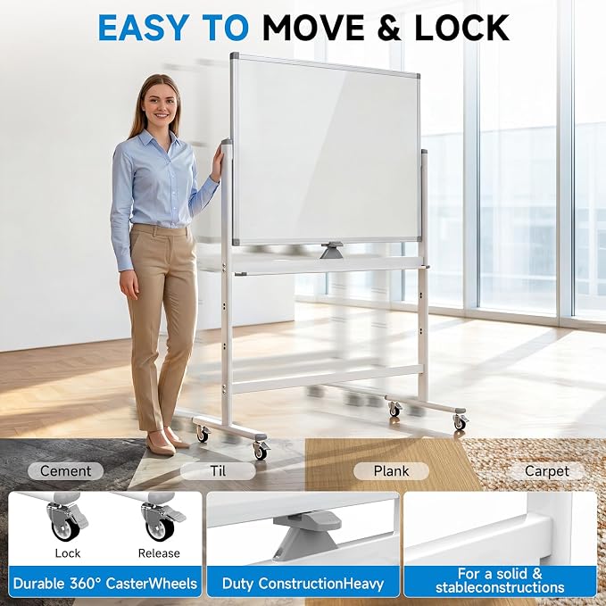 Rolling Whiteboard 48"x36" Magnetic Dry Erase Board - Image 4