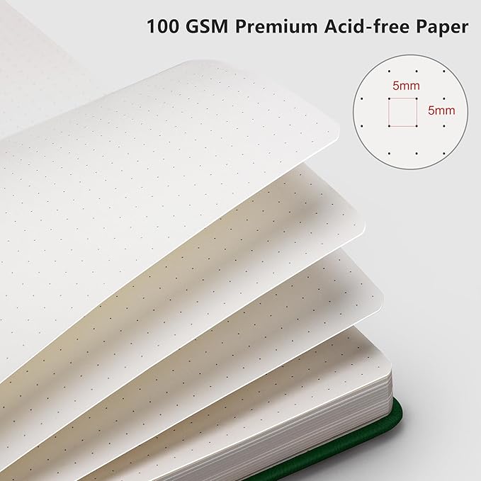 RETTACY Bullet Dotted Journal Notebook, 192 Pages, A5 Medium Size (5.7'' x 8.3''), Leather Hardcover, 100 GSM Thick Paper, for Bullet Journaling, Planning, Tracking (Dark Green)-DeskLoop Office