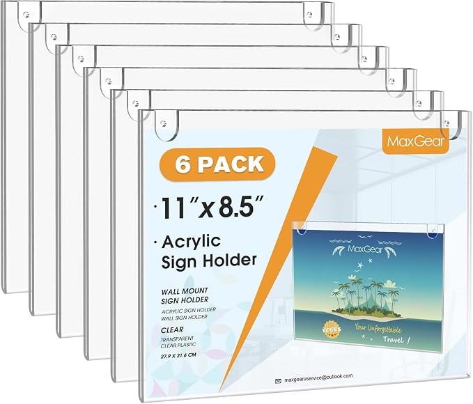 MaxGear Wall Mount Sign Holder, 8.5 x 11 Landscape, 6 Pack | Includes Adhesive by MaxGear