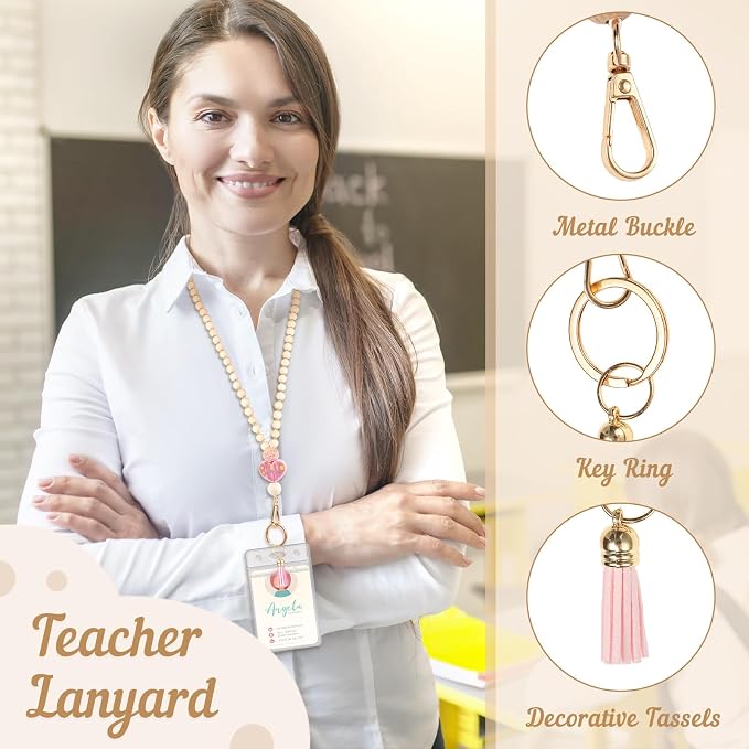 BESARME Teacher Lanyard with ID Holder Cute Wooden Beaded Lanyards - Image 5