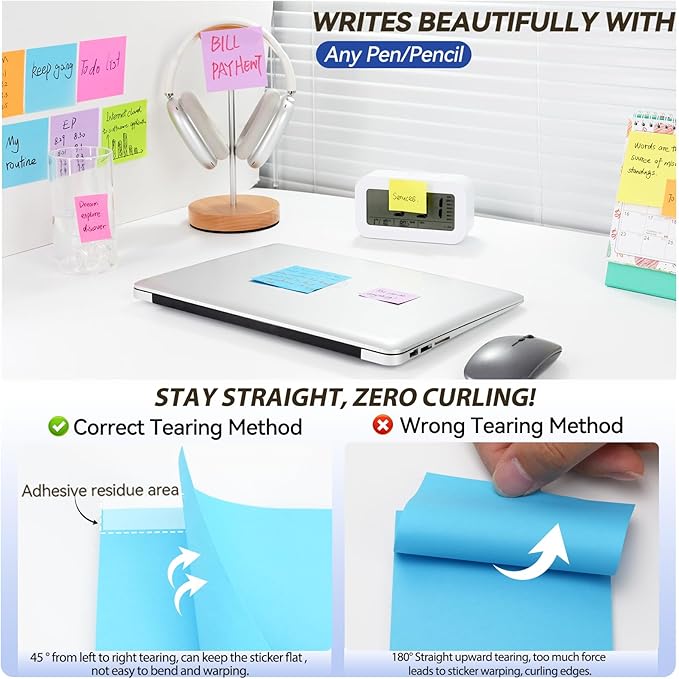 (12 Pack) Sticky Notes 3x3 + 1.5x2 in Small Sticky Note, Self-Sticky Note Pads | Sticks Strong & Removes Clean | Recycled Paper Cute Sticky Notes to School Supplies, Office Products, 6 Colors-DeskLoop Office