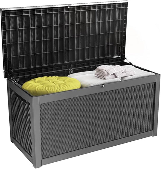 100 Gallon Resin Deck Box, Waterproof Outdoor Storage Bin for Patio Furniture, Pool Accessories, and Garden Tools, Lockable & UV-Resistant, Black-DeskLoop Office