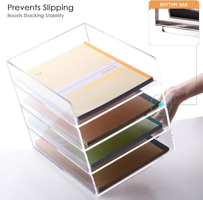 SANRUI 4 Tier Stackable Acrylic Letter Tray, 5mm Thick Clear Desk File Organizer - Image 6