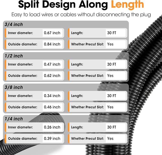 Wire Loom 1/4", 3/4 Inch x 30 FT, Split Wire Loom Tubing Wire Conduit, Cable - Image 3