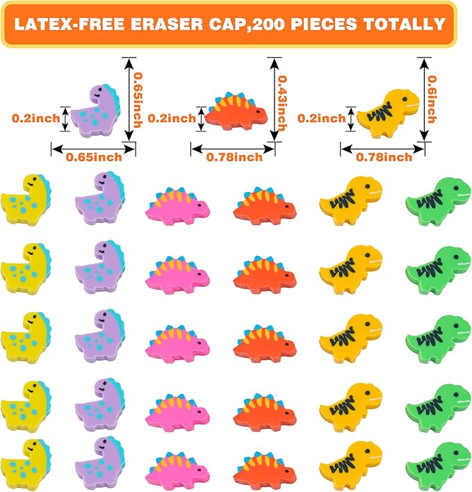 200 Pieces Mini Dinosaur Erasers Bulk Small Pencil Erasers Latex-Free Soft Erasers Pencil Erasers for for Classroom Homework Rewards, Party Favors, Gift Filling-DeskLoop Office