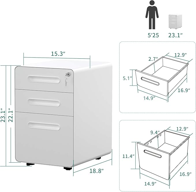 YITAHOME 3 Drawer Mobile File Cabinet, Metal Vertical File Cabinet with Lock, Filing Cabinet Under Desk fits Legal/A4 Size for Home Office, Fully Assembled, White-DeskLoop Office