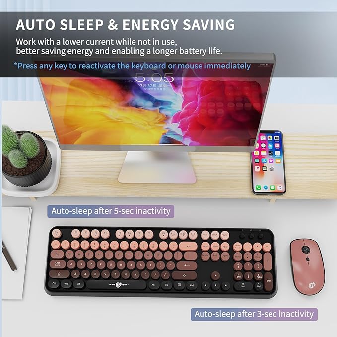 FD Wireless Keyboard and Mouse Combo - 2.4G Full-Sized Cute Colorful Mouse and Keyboard with 104 Round Keys Retro Typewriter Keyboard for Laptop/Windows/PC - Black Gradient-DeskLoop Office