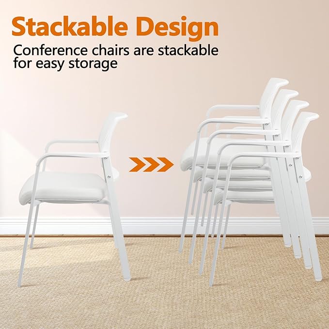 CLATINA Stacking Office Chairs | Mesh Back, Thicken Leather Seat and Arms, Ergonomic Lumbar Support | Guest Reception, Waiting, Conference, School, Party, Customer, Side, Stationary | Set of 4, White-DeskLoop Office