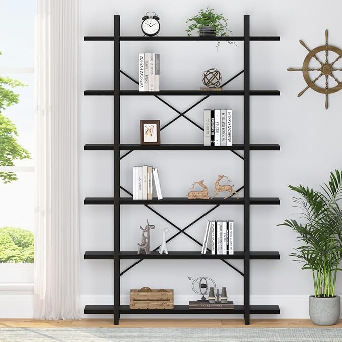 HSH 6 Tier Tall Black Bookshelf, Modern Large Storage Book Shelves & Display Book Shelf,Industrial Open Vertical Metal and Wood Black Bookcases 6 Shelf for Bedroom Living Room Office, Black Oak-DeskLoop Office