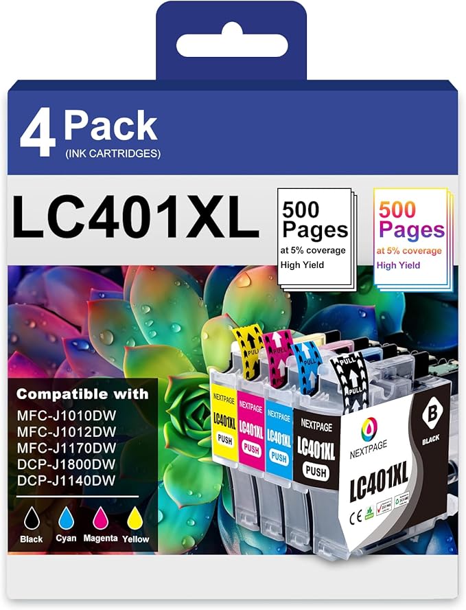 LC401XL MFC-J1010DW Ink Cartridges for Brother Printer LC401XL LC401 for MFC-J1010DW MFC-J1170DW MFC-J1012DW MFC-J1800DW MFC J1010DW - 4 Pack High Yields Black Cyan Magenta Yellow-DeskLoop Office