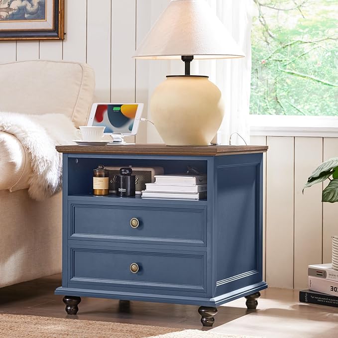 24" Wide Farmhouse Nightstand with Charging Station, End Table with 2 Drawers, Blue Wood Dresser for Bedroom Cabinet, Bed Side Table Chest of Drawers, Night Stand for Living Room, Closet-DeskLoop Office