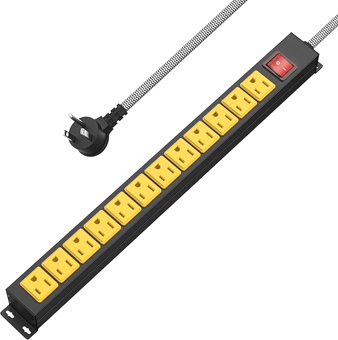 12 Outlet Heavy Duty Power Strip with 15A Circuit Breaker,Metal Wall Mount Power Strip for Garage Workshop Industrial 1200J 15A 125V 1875W 6ft Cord-DeskLoop Office