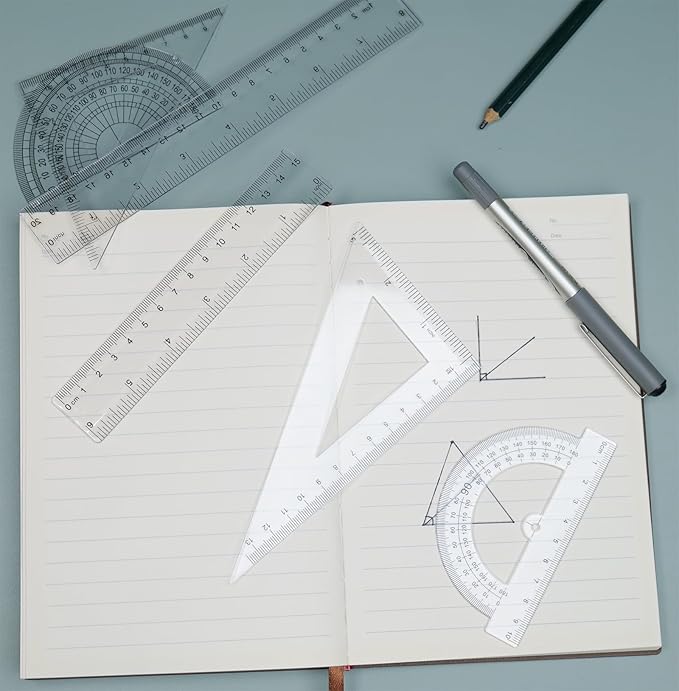 Geometry Set, 6-Piece Clear Plastic Math Ruler, Drafting Ruler Kit Includes Protractor, Triangle Ruler, Straight Ruler-Math Measurement Tools for Students, School and Office Supplies-DeskLoop Office