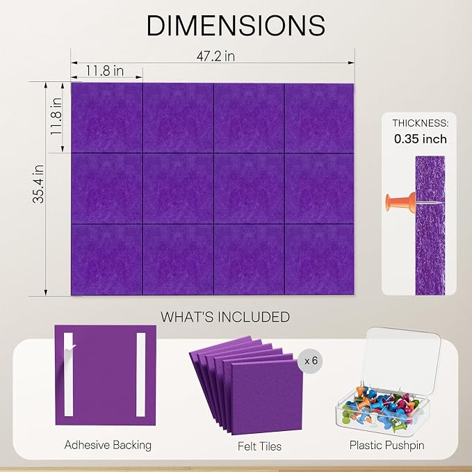 MaxGear Felt Bulletin Board 48" x 36", Violet Felt Wall Tiles Wall Decor | - Image 3