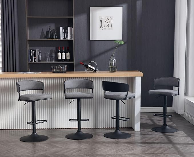 Adjustable Modern Bar Stools Set of 2 Faux Leather Barstools Swivel Counter Height Bar stools with Curved Back/Black Metal Base Comfy Upholstered Bar Chairs for Kitchen Island, Grey-DeskLoop Office