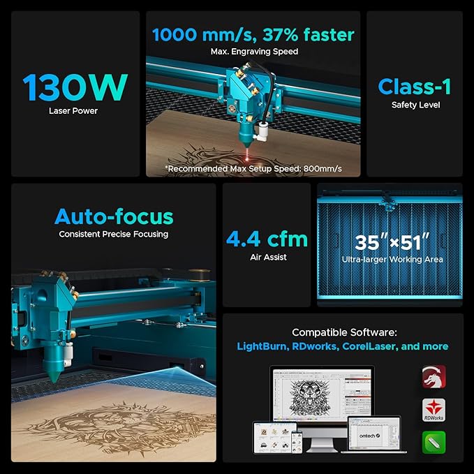OMTech Pronto 130W CO2 Laser Engraver & Cutter with LightBurn – 51"x35" Workspace, 1,000mm/s Speed, Autofocus, 2-Way Pass, Air Assist, for Wood, Acrylic & More-DeskLoop Office