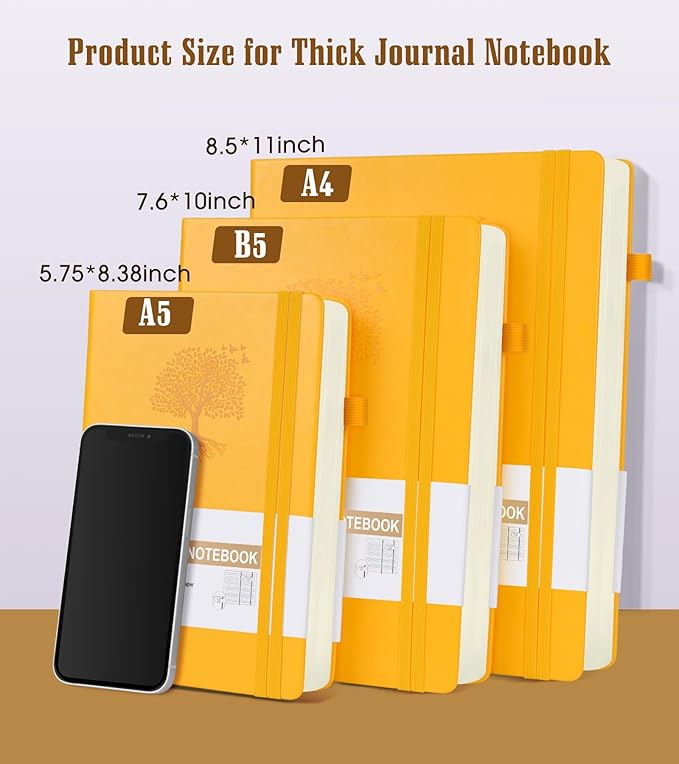 Lined Journal, 365 Pages A4 Large Hardcover Leather Notebook for Women Men, Daily Writing for Work, Note Taking, 100Gsm Thick Paper (8.5" x 11" Yellow)-DeskLoop Office