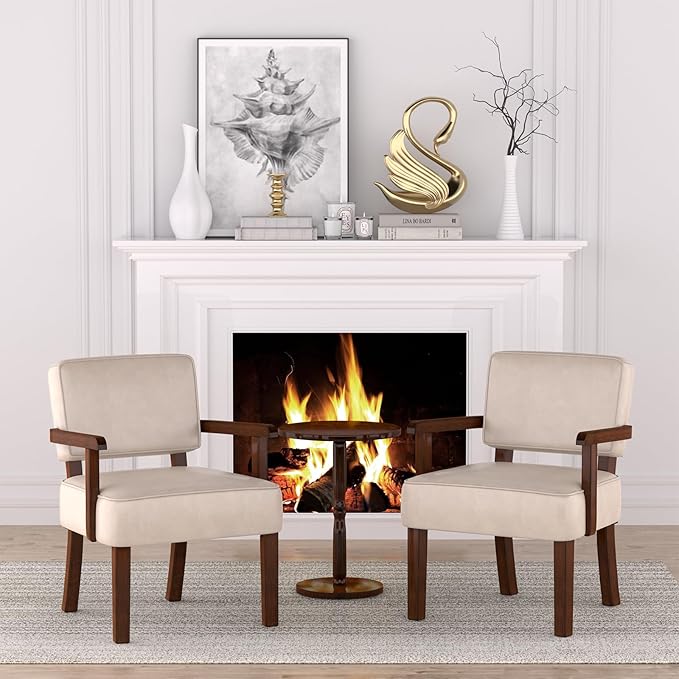 Accent Chair Set of 2 with Table, PU Leather Chair for Living Room Oversized Armchair with Soft Seat and Armrests for Bedroom Dinning Reading Waiting Room (Leather Beige)-DeskLoop Office