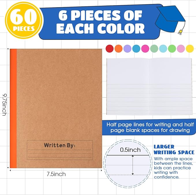 Henoyso 60 Pcs Primary Composition Notebook 9 3/4 x 7 1/2 Inch Kids Journal, Back to School Supplies, K-2 Primary Writing Notebook for Kids Student Draw and Write Story Journal (Stylish Color)-DeskLoop Office