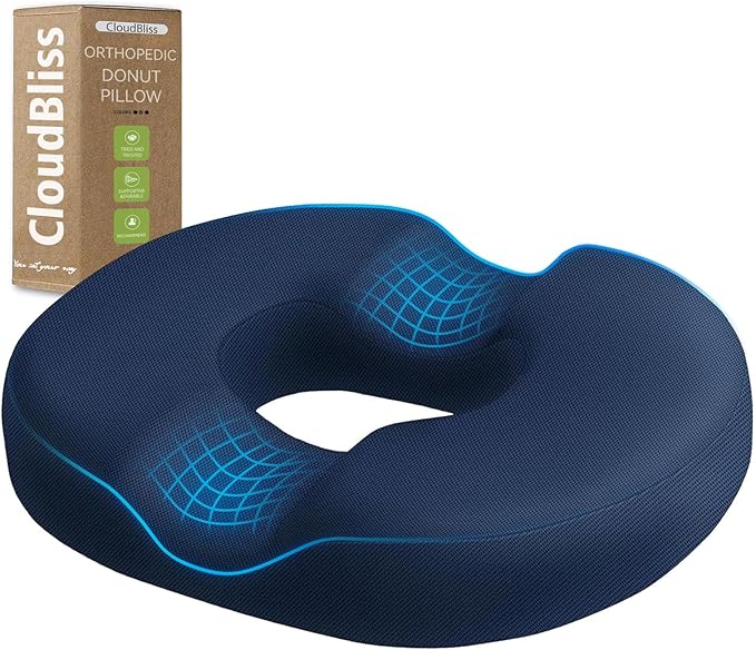 CloudBliss Donut Pillow Seat Cushion for Tailbone Pain Relief and Hemorrhoids, Memory Foam Chair Cushion for Postpartum Pregnancy, Seat Cushions for Men and Women for Home & Office, (Blue)-DeskLoop Office