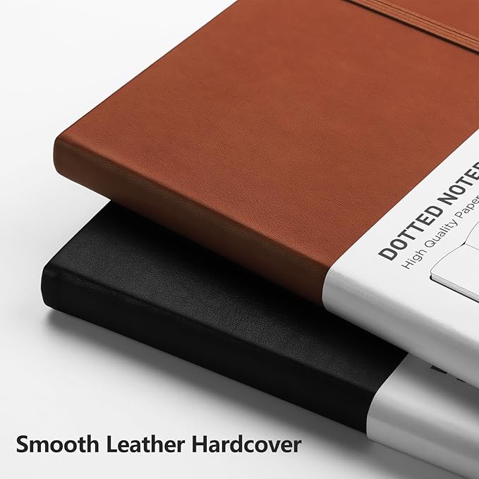 RETTACY Bullet Dotted Journal Notebook, 256 Pages, A5 Medium Size (5.7'' × 8.3''), Leather Hardcover, 120 GSM Thick Paper, for Bullet Journaling, Planning, Tracking (Brown)-DeskLoop Office