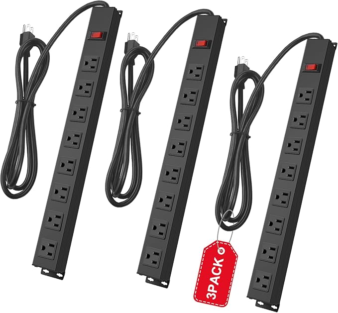 3Pack Metal 8 Outlet Mountable Power Strip, Wall Mount Outlet Heavy Duty, Wide Spaced Commercial Shop Power Strip with Switch, 6 FT Power Cord.-DeskLoop Office