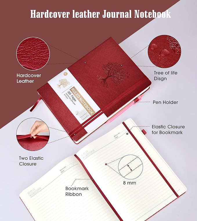 Lined Journal Notebook, 365 Pages A4 Big Journals for Writing College Ruled Notebook, Hardcover Leather Journal for Women Men, Daily Notebook for Work, Note Taking, 100Gsm Thick Paper(8.5" x 11"Wine)-DeskLoop Office
