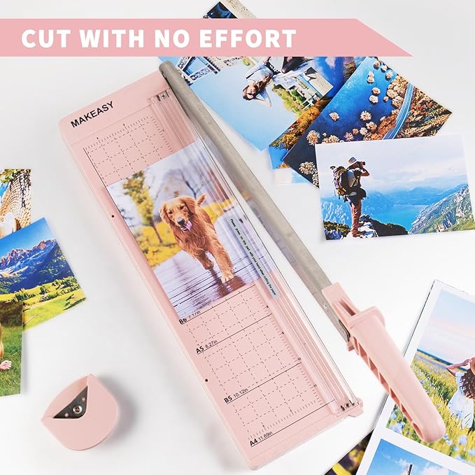 MAKEASY Paper Cutter 12 Inch, Guillotine Paper Cutter with 8 Sheet Capacity, Heavy Duty Paper Cutter for Cardstock, Paper Trimmer for Crafting, Classroom and Office, Pink-DeskLoop Office