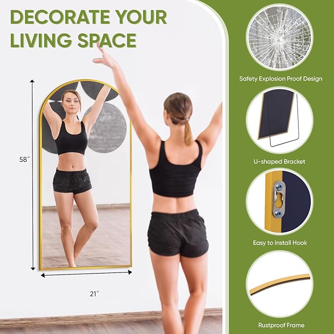 Full-Length Floor Mirror with Stand, 58"x21" Arched Style Full Body Standing Mirror for Bedroom, Living Room, Gym, Dorm - Shatter-Resistant & Easy Assembly, Gold-DeskLoop Office