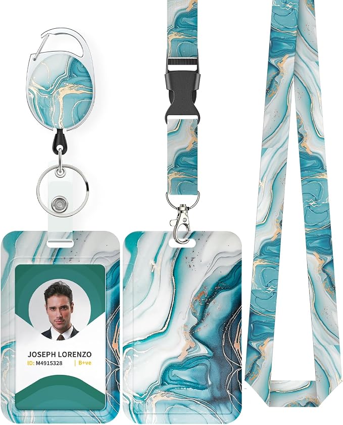 Uniclife Marbling Sliding Badge Holder Cyan Marble Pattern Plastic Card Holder by UnicLife