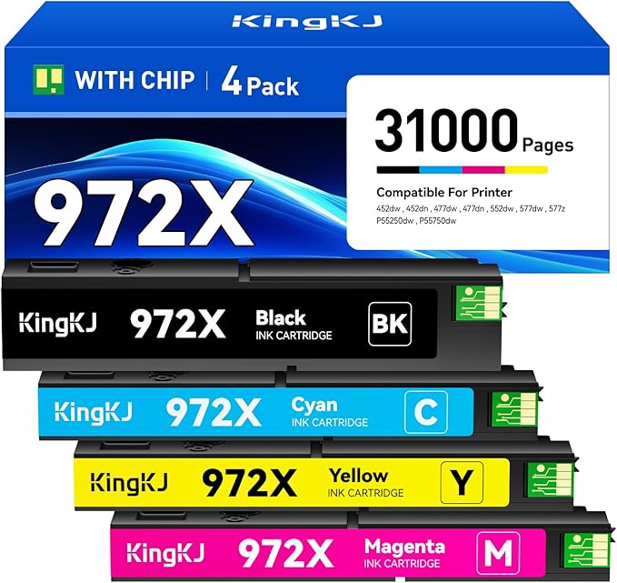 972X Ink Cartridges High Yield 4-Pack with chip Compatible Replacement for HP 972X 972A 972 use with HP Pagewide Pro 477dw 577dw 477dn 452dn 452dw 552dw 577z P55250dw Printer Black Cyan Magenta Yellow-DeskLoop Office