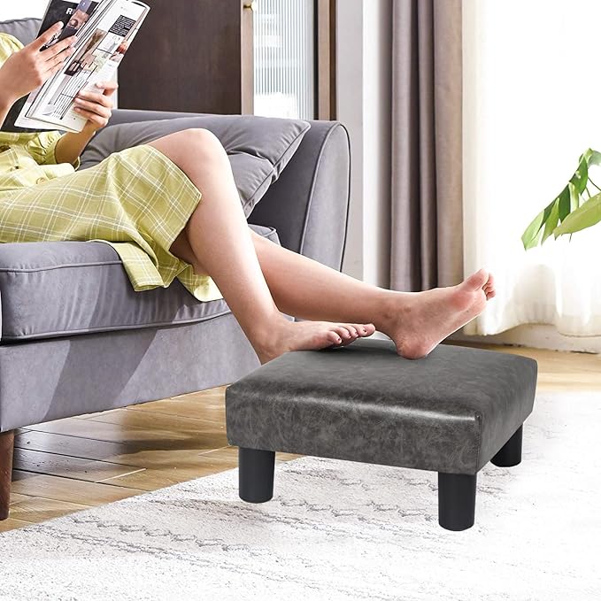 Joveco Small Footstool PU Leather Ottoman Square Footrest Stool Modern Padded Seat Chair for Living Room Bedroom Couch Dogs (Gray)-DeskLoop Office