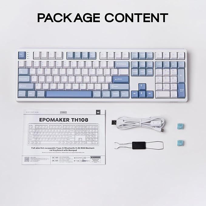 EPOMAKER TH108 Full Size Mechanical Keyboard, Wireless Gaming Keyboard with 8000mAh Battery, Creamy Gasket, 108 Keys, Hot Swap, Custom Driver, RGB Backlight (Blue&White, Sea Salt Silent)-DeskLoop Office