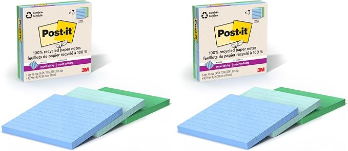 Post-it 100% Recycled Paper Super Sticky Notes, 2X The Sticking Power, 4x4 in by Unknown