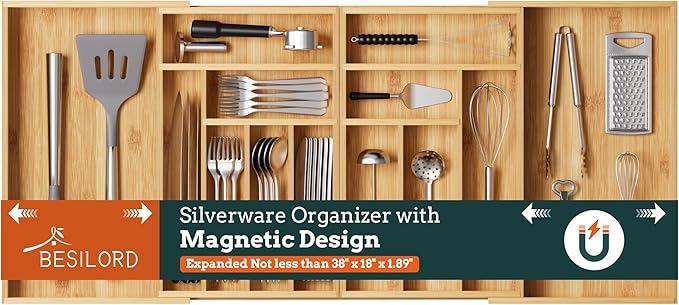 Silverware Organizer Large, Magnetic Connected Expandable 13 Slots Silverware by Besilord