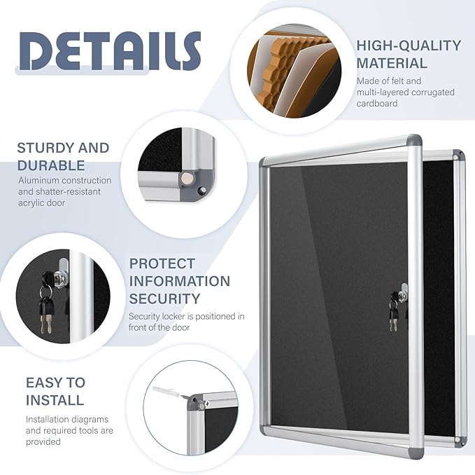 Enclosed Bulletin Board Lockable Display Case Message Board with Locking Door for Indoor, Black Felt, Silver Aluminum Frame, 26x20inch(4XA4)-DeskLoop Office