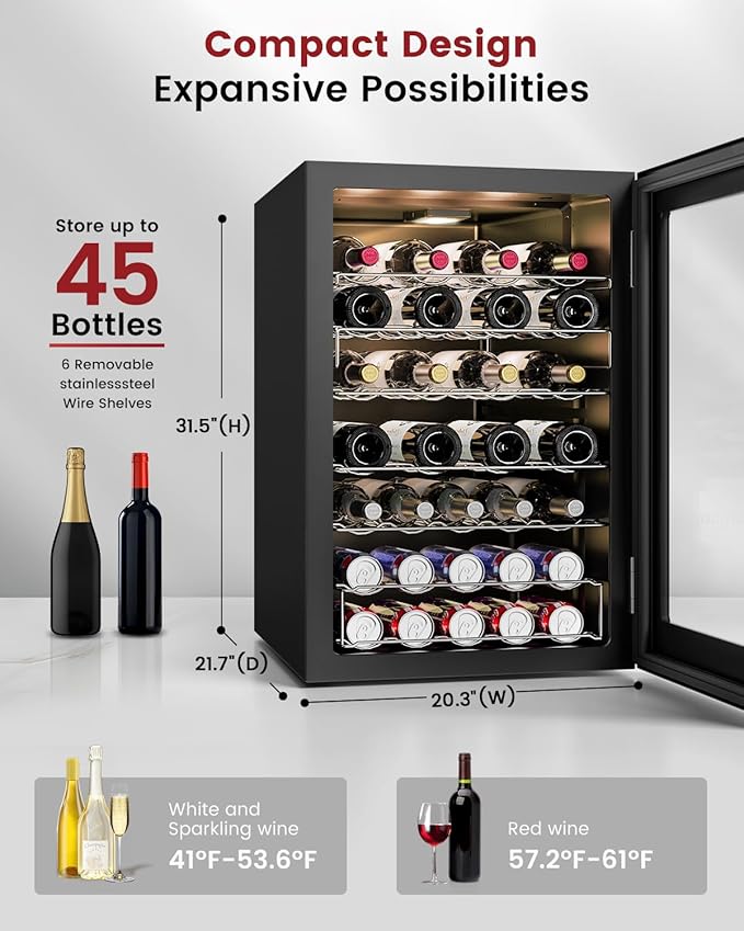 Wine Cooler Refrigerator - 45 Bottle Mini Wine Fridge with Glass Door for Beer Soda Water Drink, Small Wine Cellar Beverage Refrigerator for Bedroom Office Home Bar Dorm, 4.5 Cu.Ft (Black)-DeskLoop Office