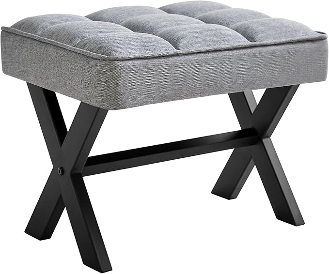 IBUYKE Small 12" H Footrest Stool, Square Linen Foot Stool with Metal X-Leg, Multi-Use as Small Side Table, Step Stool for Living Room, Bedroom, Entryway, Office, Blue Gray WBD011L-DeskLoop Office