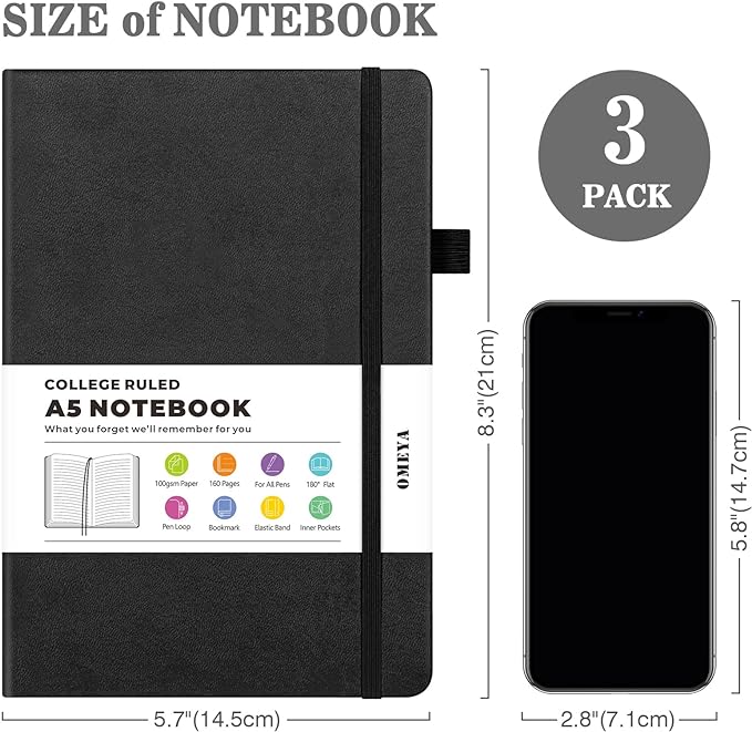 OMEYA Lined Journal Notebook, 3 Pack A5 College Ruled Notebooks for Work, Hardcover Notebook Each with 2 Pockets & Pen, Leather Journal for Women, Men, 160 Pages, 100GSM Thick Paper (Black)-DeskLoop Office