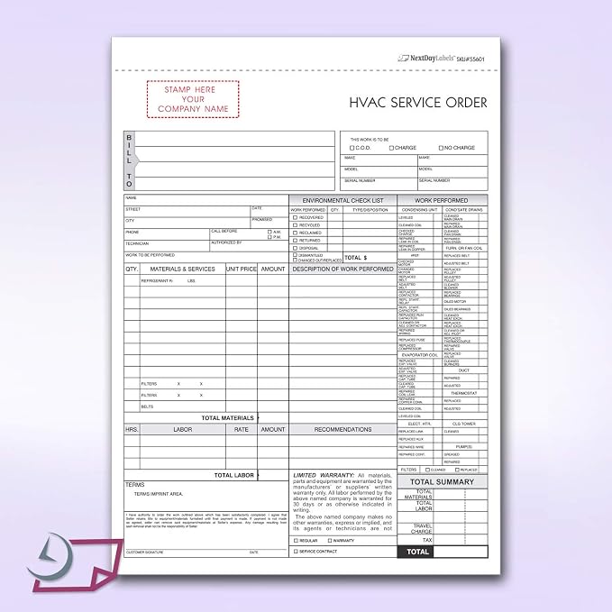 HVAC Service Order Invoice & Repair Detail Form, 3 Part Forms Carbonless 100 - Image 2