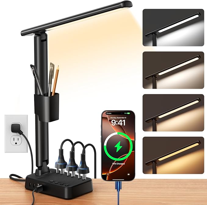 LED Desk Lamp with Power Strip, 3 AC Outlets & 4 USB Ports, Stepless Dimming & by Sompaty