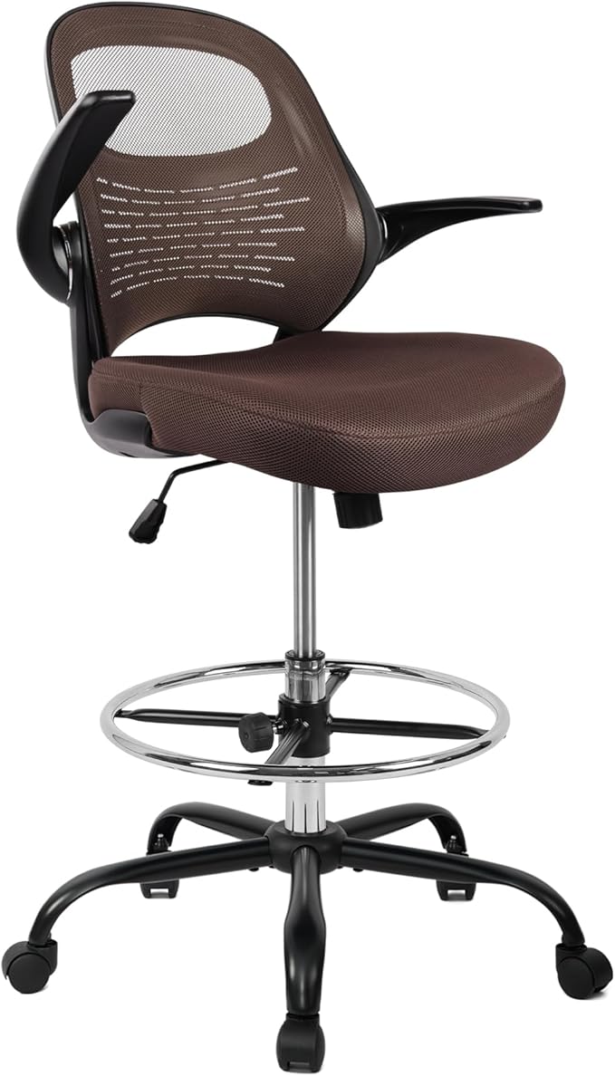 HYLONE Tall Drafting Chair Standing Desk Chair with Flip-Up Armrests, Adjustable Height Ergonomic Office Chair with Footrest Ring - High Stool Chair for Standing Desk (Brown)-DeskLoop Office