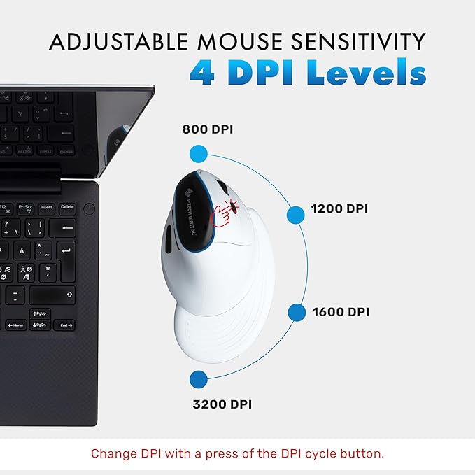 J-Tech Digital Wireless Mouse, Vertical Ergonomic Mouse with Bluetooth Dual Modes + USB Dongle + Rechargeable w/ 2.4GHz Wireless + Adjustable DPI 3200 for Laptop, Desktop, PC, Mac [V638W], White-DeskLoop Office