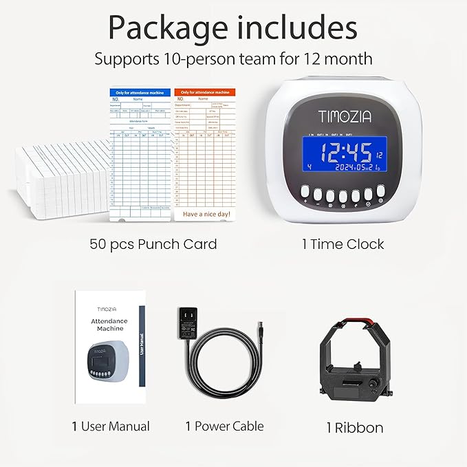Time Clocks for Employees Small Business, Auto-Align Time Clock, 6 Punches per Day Time Machine, Clock in Machine for Employees with Time Cards, 2 Ink Ribbons and White with 50 Cards-DeskLoop Office
