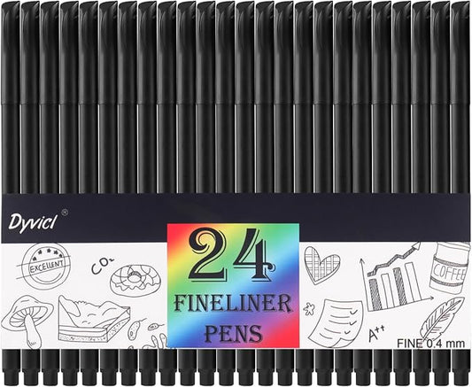 Dyvicl Journal Planner Pens Black Colored Pens, 24 Pack 0.4mm Fineliner Pen Set by Dyvicl