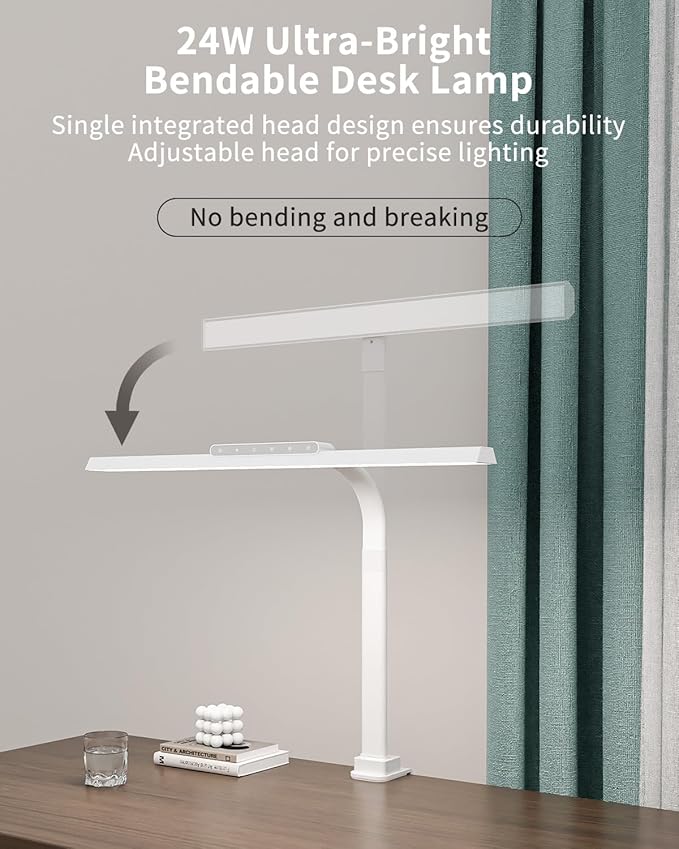 LED Desk Lamps for Home Office, 24W Bright Eye-Caring Desk Light with Clamp, Stepless Dimming Adjustable Flexible Gooseneck Clip on Office Lamp with Adapter for Reading, Study, Workbench,White-DeskLoop Office