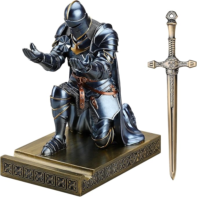 Medieval Armored Warrior Wearing Outerwear, Mobile Phone Stand Knight Pen Holder Desk Organizers, Resin Bookends Paperweight with a Letter Opener for Desk (Blue)-DeskLoop Office
