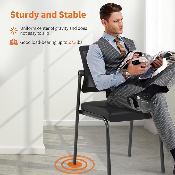 CLATINA Stackable Waiting Room Chair with Adjustable Mesh Backrest, Armless Office Guest Reception Chairs with Leather Cushion and Ergonomic Lumbar Support for Conference Lobby Side School, Black, 8PK-DeskLoop Office